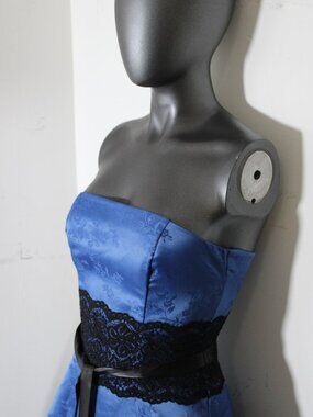 Vintage Urban Girl Nites Blue Strapless Jacquard Dress Black Lace Trim XS